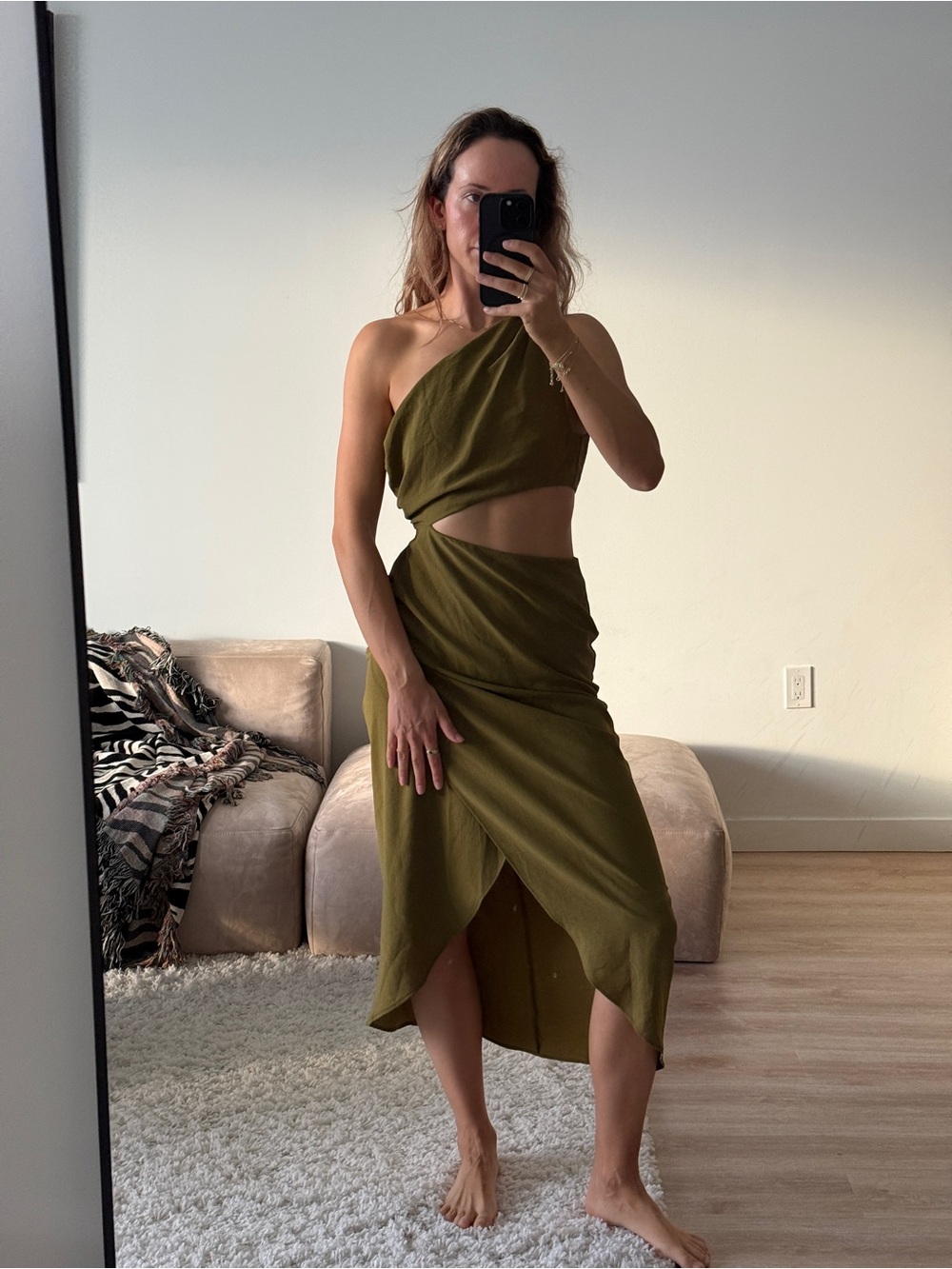 Zara Olive One-Shoulder Cutout Midi Dress
